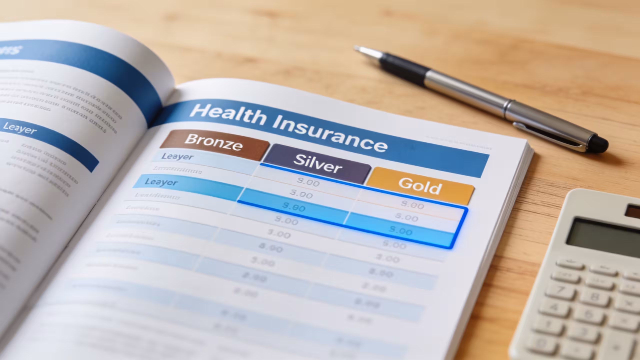 Best health insurance for young adults displayed as insurance plan cards and a coverage comparison chart arranged on a clean white desk
