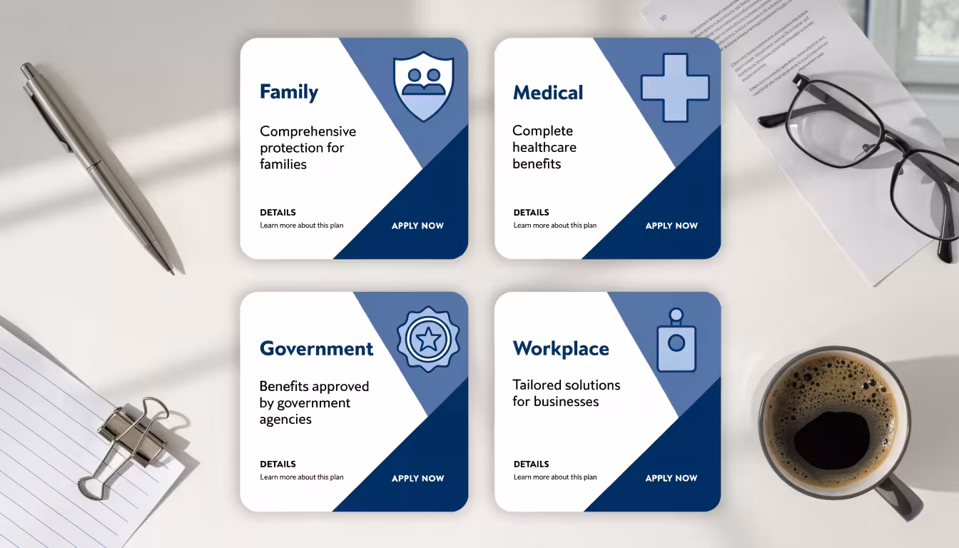 Best health insurance for young adults displayed as insurance plan cards and a coverage comparison chart arranged on a clean white desk