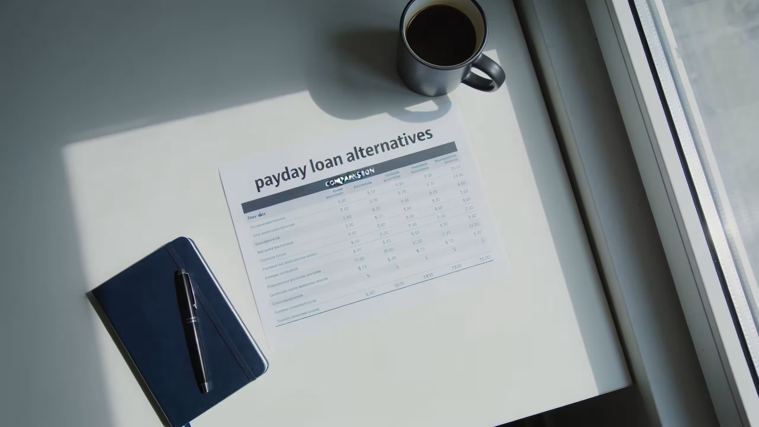 best payday loan alternatives comparison showing credit union PAL and personal loan options on a clean financial planning desk