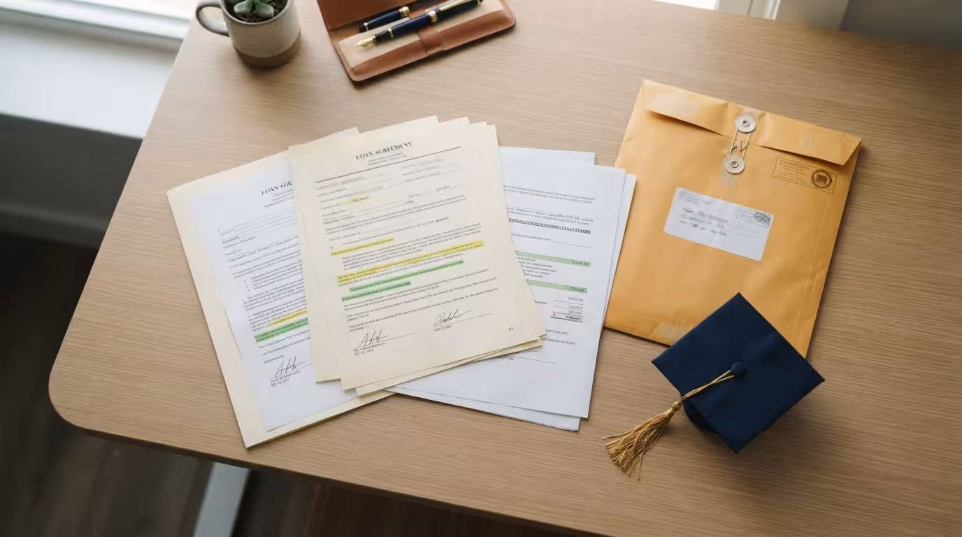 Private student loan documents and comparison folder on a clean desk, best private student loans overview