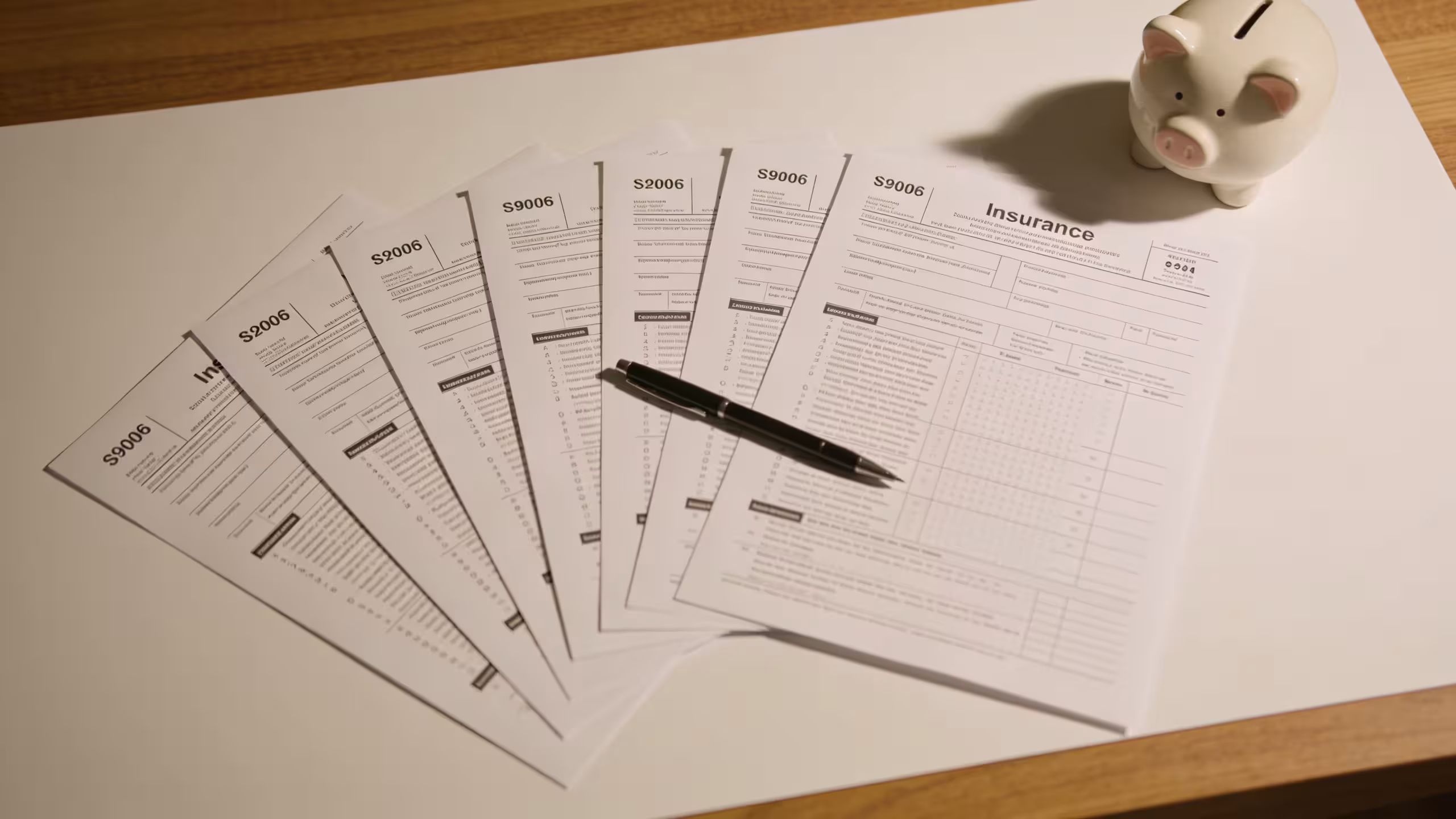 A laptop on a home office desk displaying term life insurance quotes, surrounded by insurance documents and a calculator