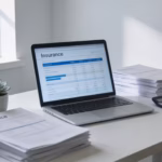 A laptop on a home office desk displaying term life insurance quotes, surrounded by insurance documents and a calculator