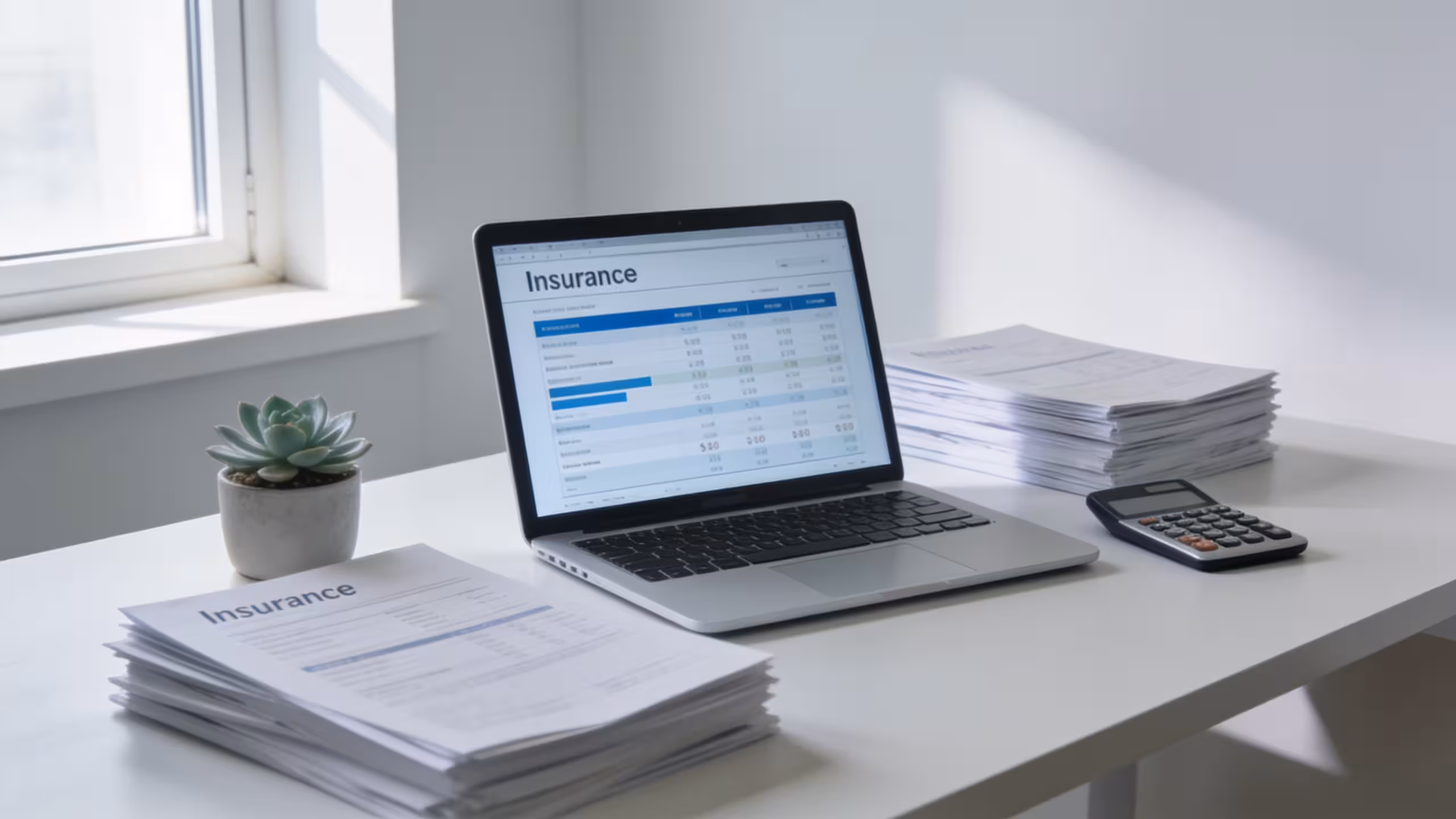 A laptop on a home office desk displaying term life insurance quotes, surrounded by insurance documents and a calculator
