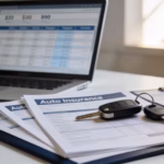 Cheapest auto insurance companies rate comparison guide on a desk with car keys and insurance documents