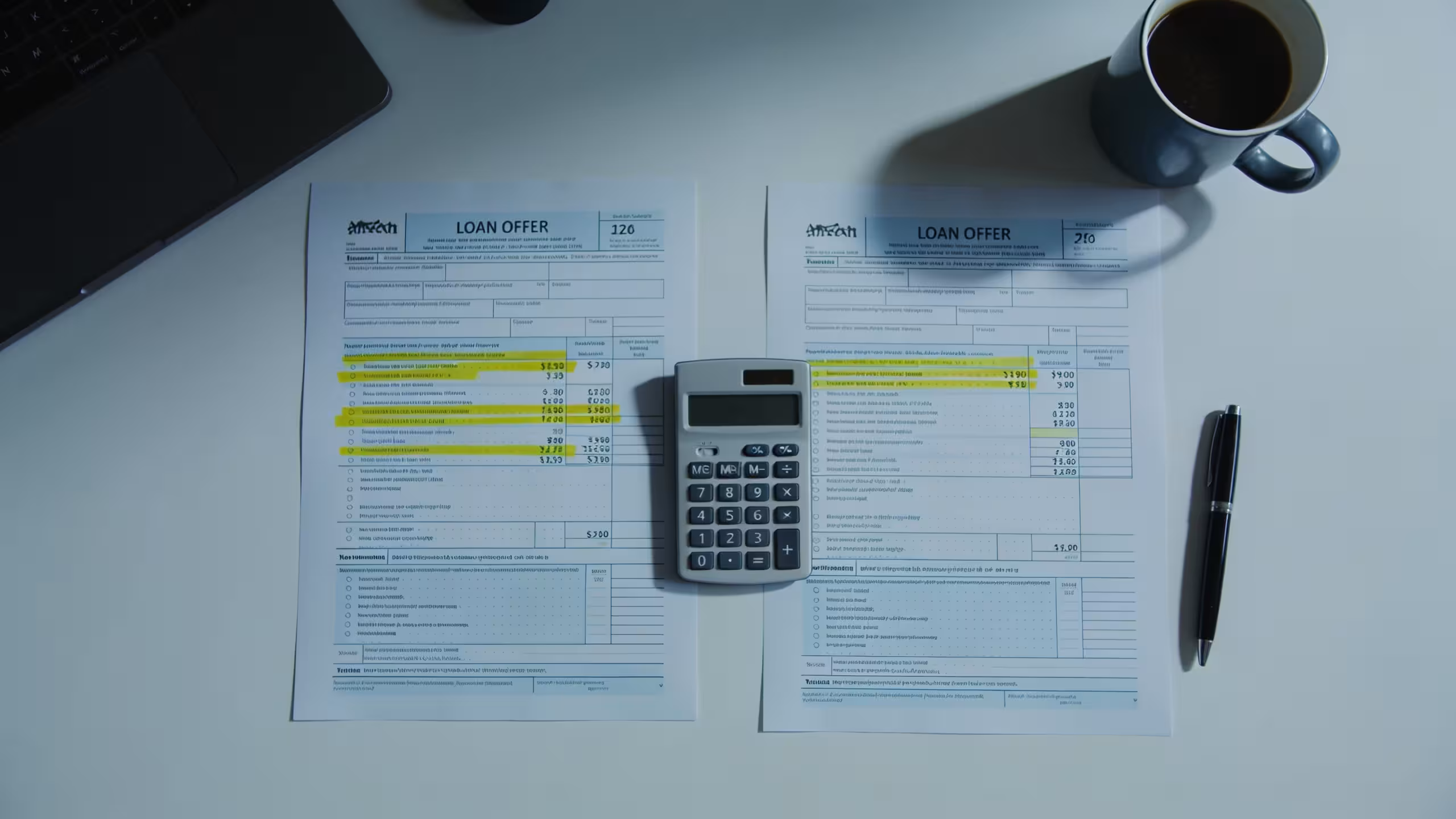 Side-by-side comparison of cheapest personal loan lenders with total cost and fee columns on a clean American office desk