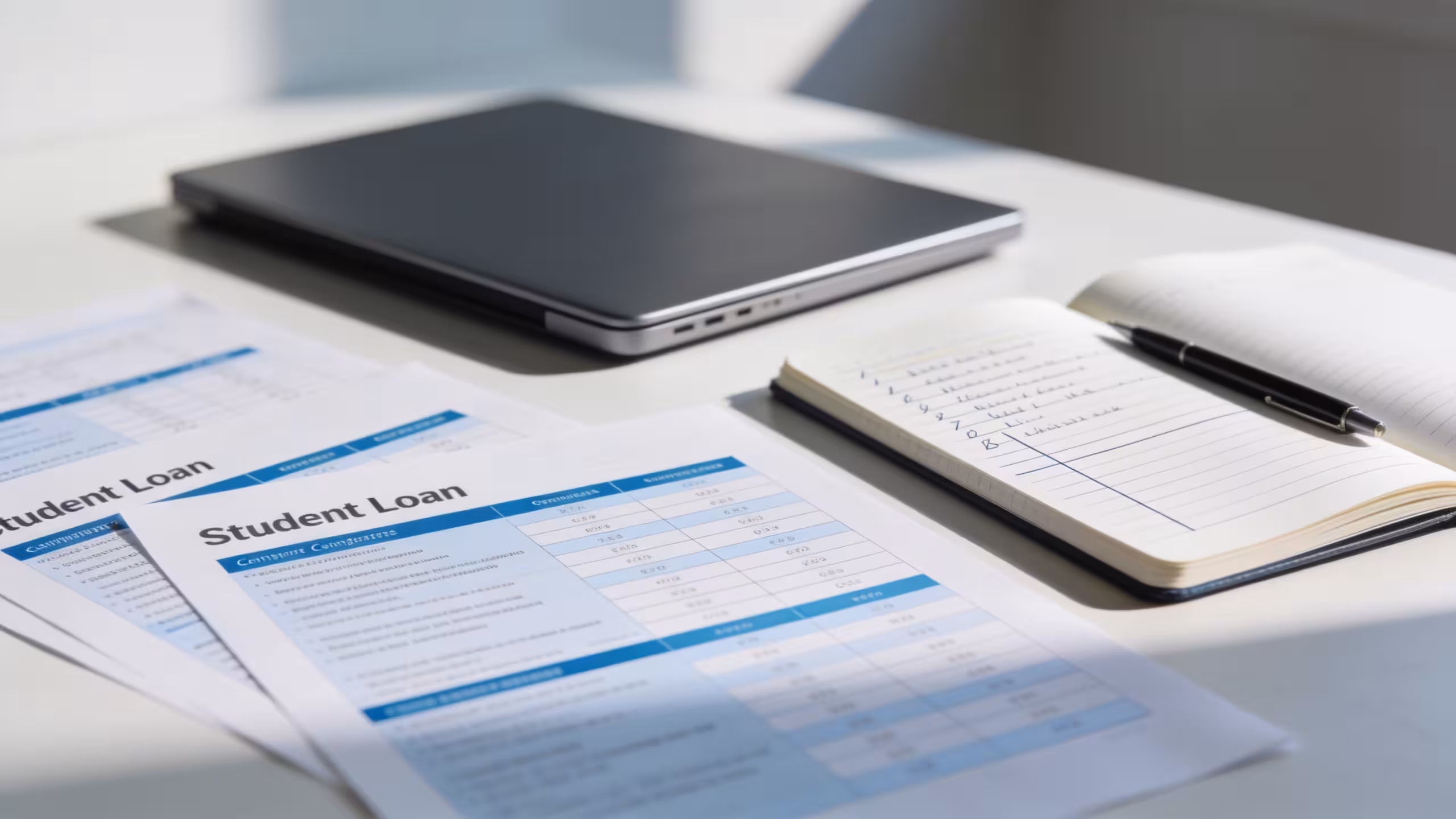 Student loan comparison documents and laptop on a desk, illustrating the search for cheapest student loan lenders