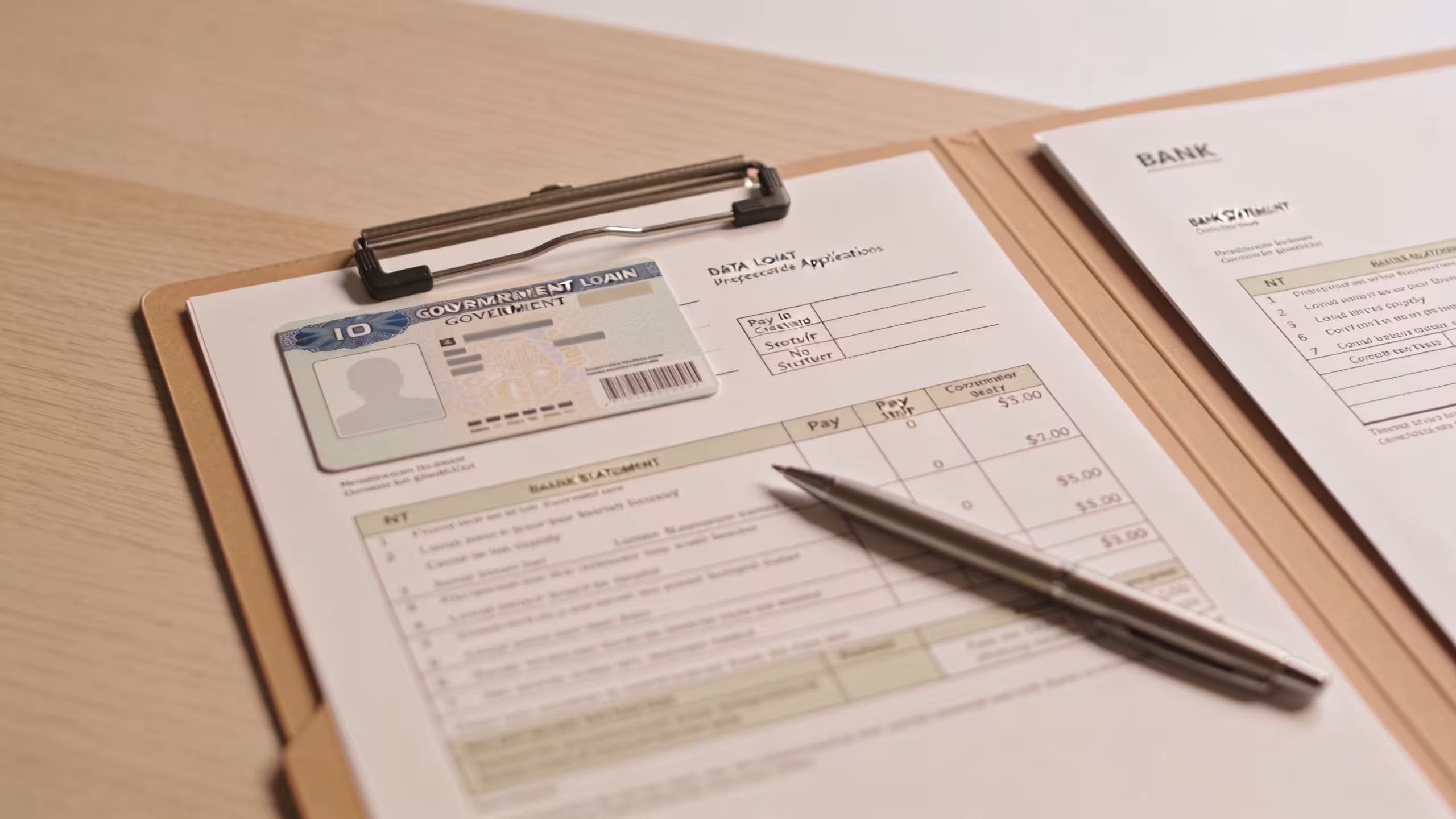 Fast approval personal loans application on laptop with organized financial documents on clean office desk, professional setting