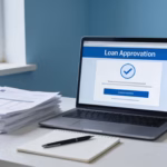 Fast approval personal loan application on laptop with organized financial documents on clean office desk, professional setting
