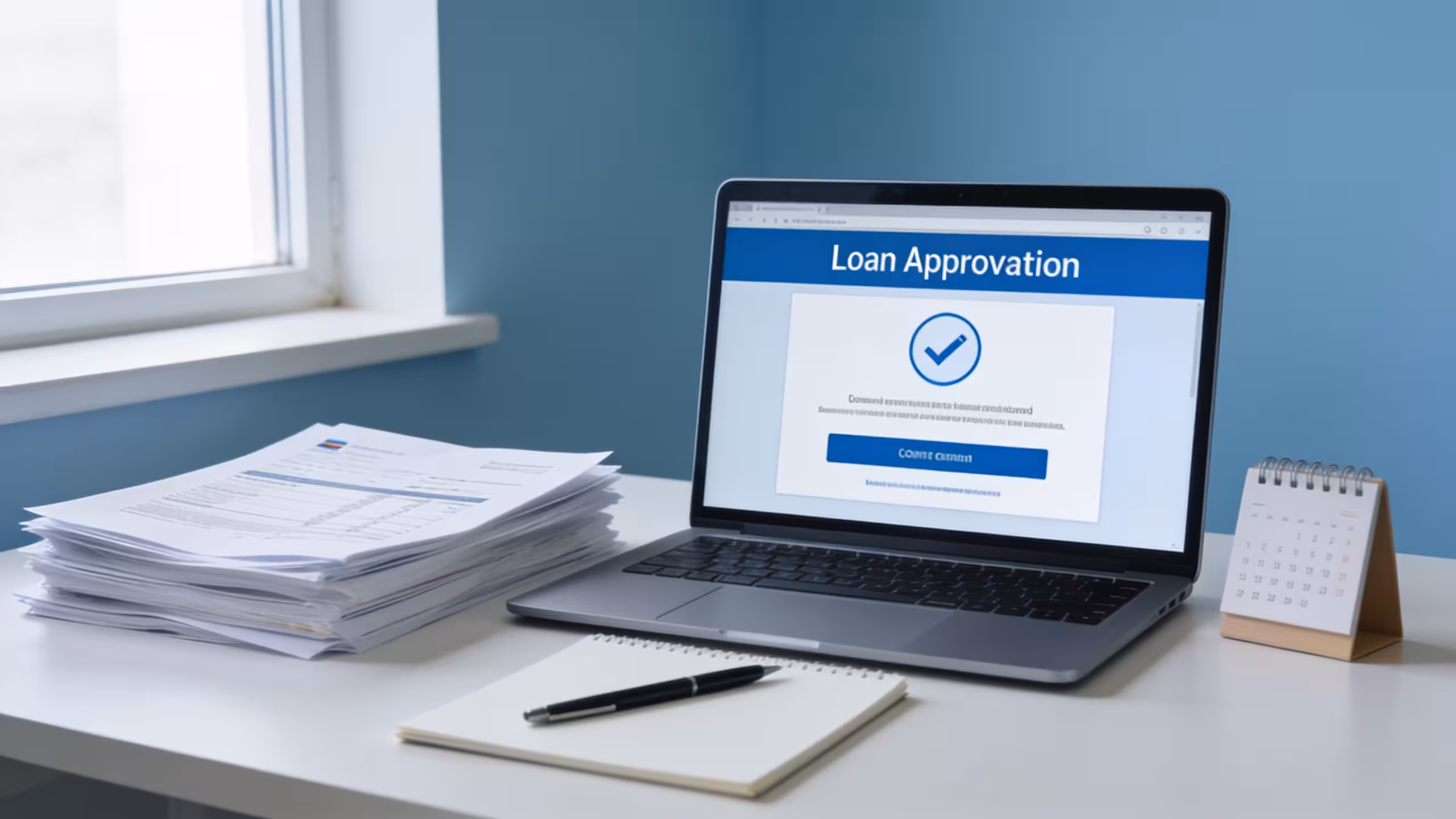 Fast approval personal loan application on laptop with organized financial documents on clean office desk, professional setting