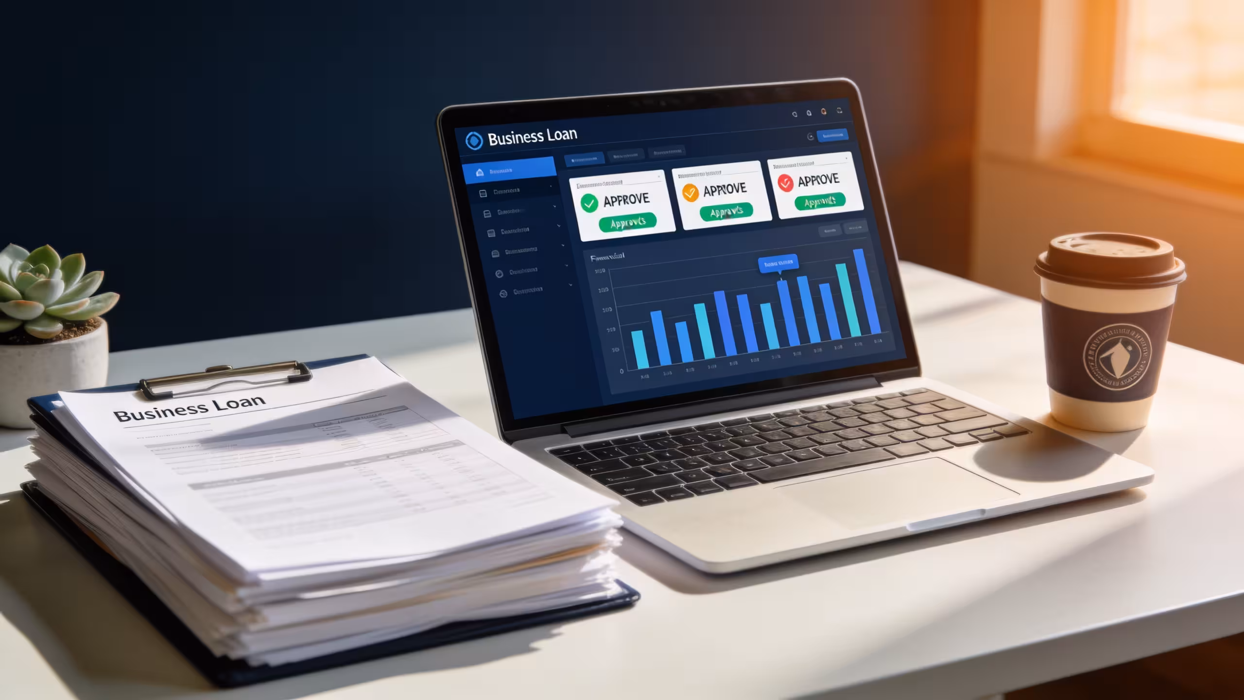 Fast approval small business loans: business documents and financial dashboard on office desk