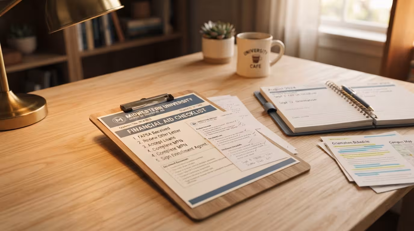 Student loan documents and a calendar on a clean office desk, illustrating fast approval student loans