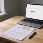 No exam life insurance application form on a desk with a laptop showing an online approval screen, clean professional setting