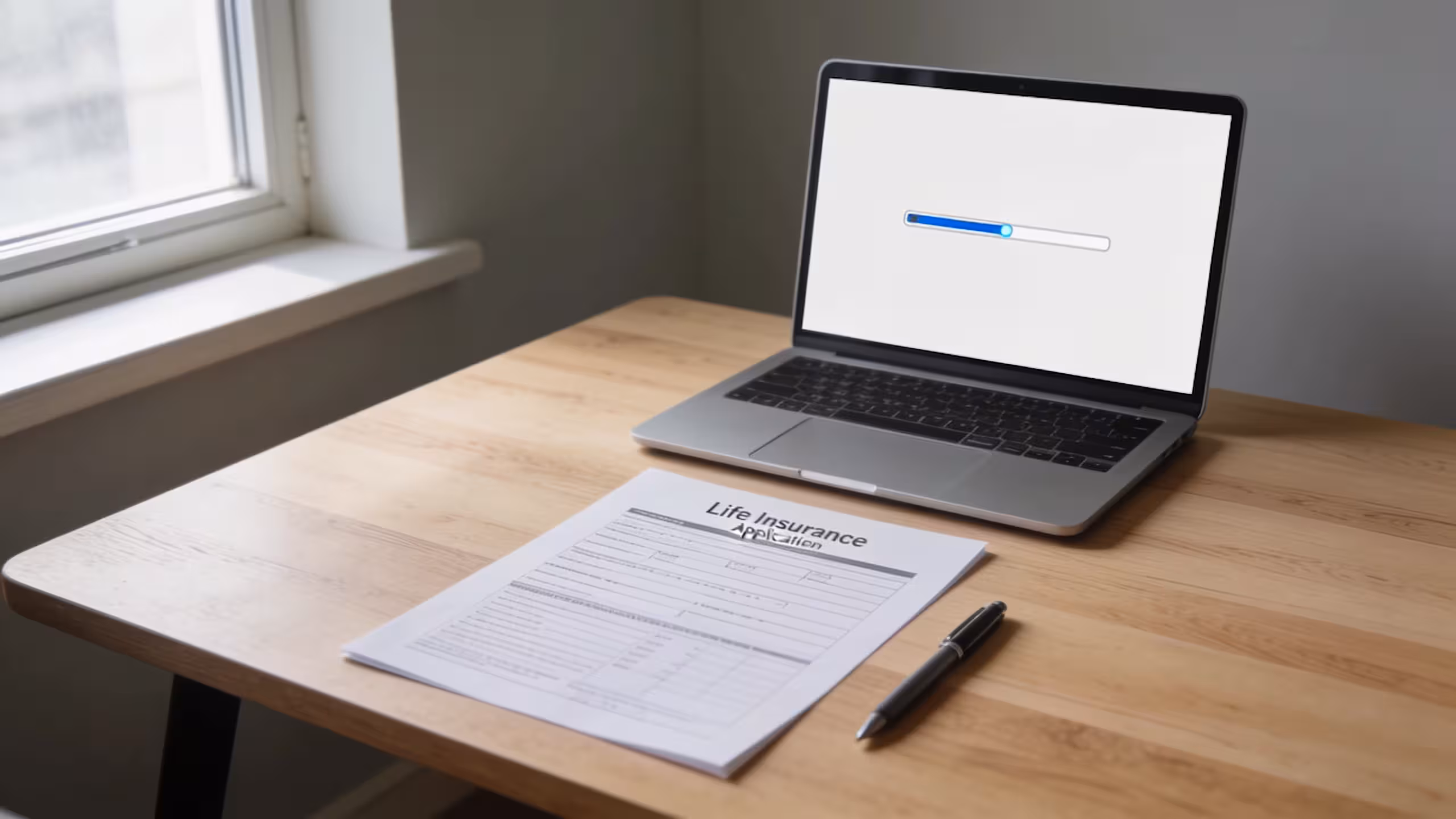 No exam life insurance application form on a desk with a laptop showing an online approval screen, clean professional setting