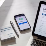 Same day personal loans online application on laptop and smartphone with financial documents on desk