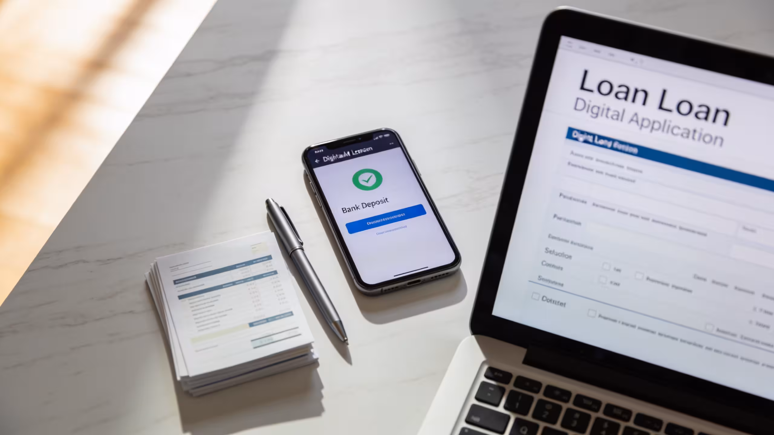 Same day personal loans online application on laptop and smartphone with financial documents on desk