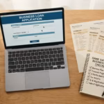 Same day small business loan application reviewed on a laptop next to financial documents and a clock on a desk
