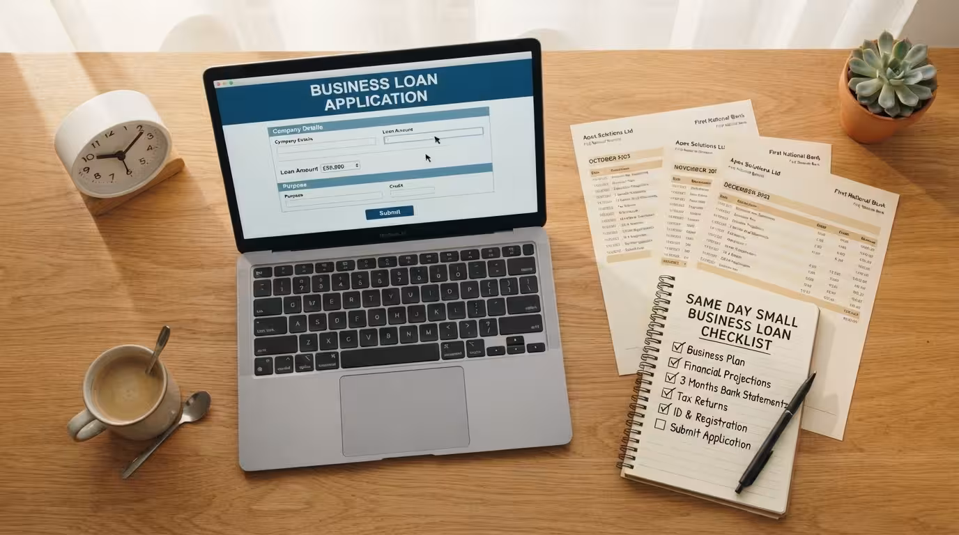 Same day small business loan application reviewed on a laptop next to financial documents and a clock on a desk
